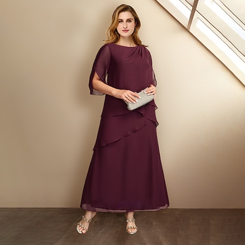 

A-linje Plus Size Curve Mother of the Bride kjoler Elegant Kjole Formel Ankellængde Halvlange ærmer Høj halset Chiffon med Draperet 2023