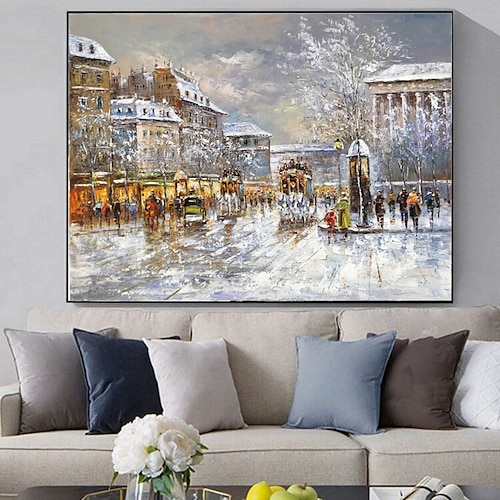

Handmade Oil Painting Canvas Wall Art Decoration Christmas Decoration Vintage Building Street Scene for Home Decor Rolled Frameless Unstretched Painting