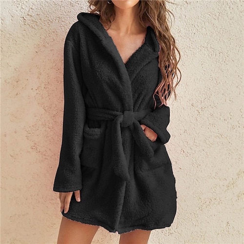 

Women's Pajamas Winter Robes Gown Bathrobes Pjs Pure Color Simple Comfort Soft Home Daily Bed Fleece Warm V Wire Long Sleeve Pocket Winter Fall Gray Black / Plush