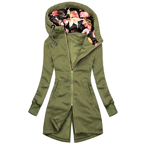 

Women's Plus Size Jacket Winter Pocket Zip Up Floral Outdoor Causal Long Sleeve Hooded Regular Fall Green Dark Blue Black L XL XXL 3XL