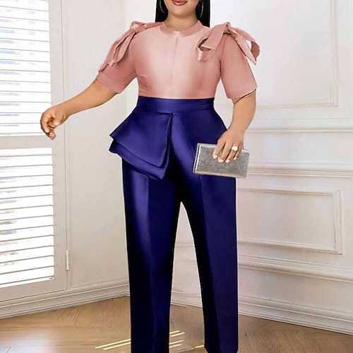

Women's Plus Size Jumpsuit Color Block Streetwear Formal Work High Full Length Fall Winter Pink Yellow L XL XXL 3XL 4XL