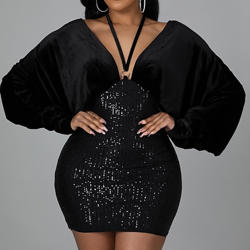 

Women's Party Dress Velvet Dress Sequin Dress Black Light Brown Long Sleeve Pure Color Sequins Winter Fall Autumn V Neck Mature Party Winter Dress Fall Dress Slim 2022 S M L XL XXL