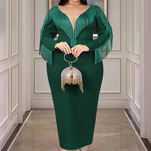 

Women's Plus Size Party Dress Solid Color V Neck Long Sleeve Fall Winter Elegant Formal Sexy Maxi long Dress Formal Party Dress / Fringe Dress