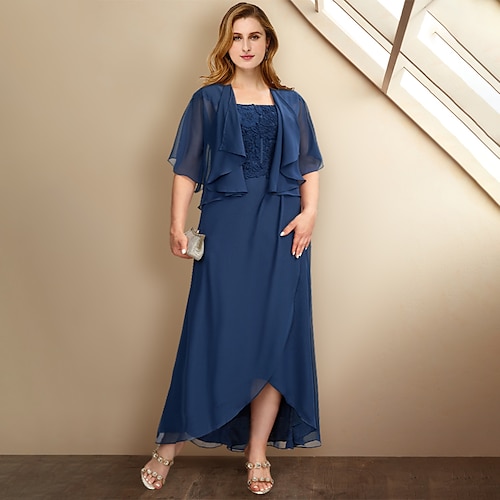 

Two Piece A-Line Plus Size Curve Mother of the Bride Dresses Elegant Dress Formal Asymmetrical Half Sleeve Square Neck Chiffon with Pleats Appliques 2022