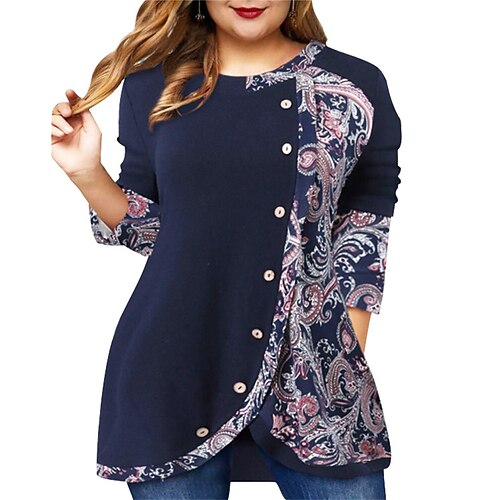 

Women's Plus Size Tops Blouse Shirt Floral Button Print Long Sleeve Crewneck Casual Daily Going out Polyester Winter Fall Dark Blue