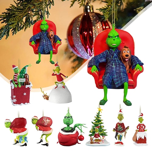 

Christmas Grinch Decorations, 2D Acrylic Hanging Ornament Christmas Tree Decorations Pendants, Funny Green Xmas Decor for Home Holiday Party