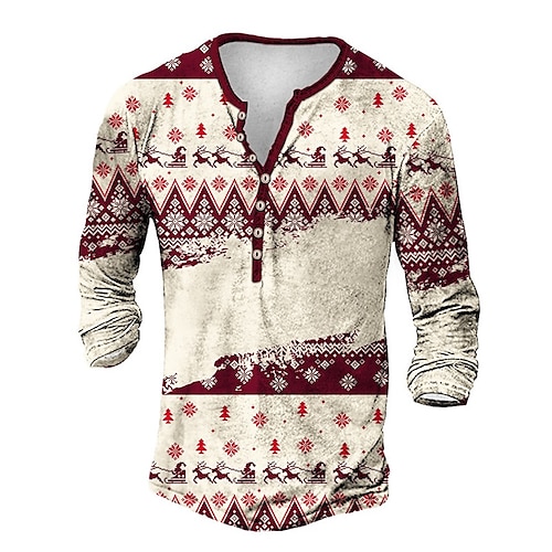 

Men's Henley Shirt T shirt Tee Tee Graphic Elk Snowflake Henley Red 3D Print Outdoor Christmas Long Sleeve Button-Down Print Clothing Apparel Basic Designer Classic Comfortable