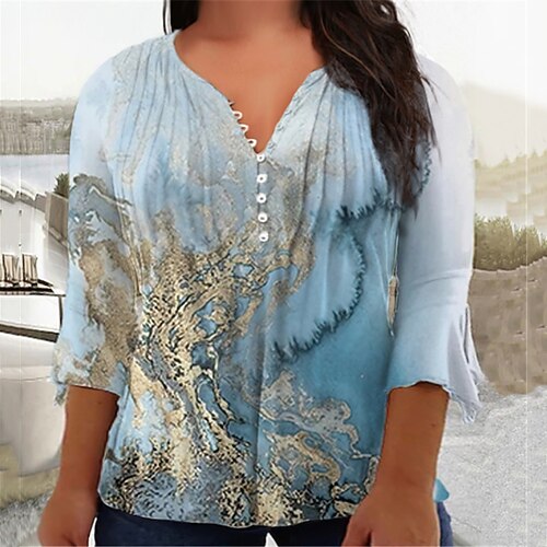 

Women's Plus Size Tops Blouse Shirt Color Gradient Button Print 3/4 Length Sleeve V Neck Casual Daily Vacation Cotton Spandex Jersey Winter Fall Blue