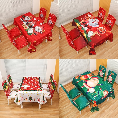 

Christmas Tablecloth with Stretch Chair Cover, Snowman Christmas Table Cloth Rectangle, Farmhouse Table Cover for Banquet Party Kitchen Dining Room, Snowflake Christmas Table Decorations