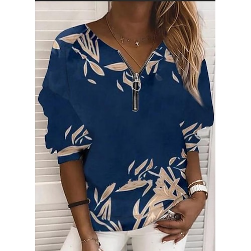 

Women's Shirt Blue Dusty Blue Royal Blue Leopard Floral Quarter Zip Print Long Sleeve Casual Basic V Neck Regular Floral S