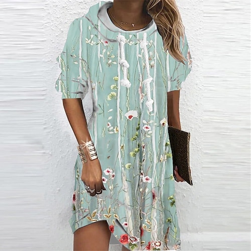 

Women's Hoodie Dress Winter Dress Blue Long Sleeve Floral Print Winter Fall Hooded Vacation Casual Fall Dress 2022 S M L XL XXL 3XL