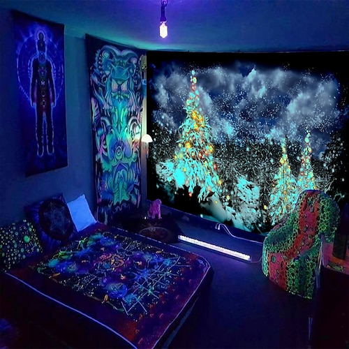 

Christmas Blacklight UV Reactive Tapestry Photography Background Snowman Tree Reindeer Dormitory Living Room Art Decoration Hanging Cloth