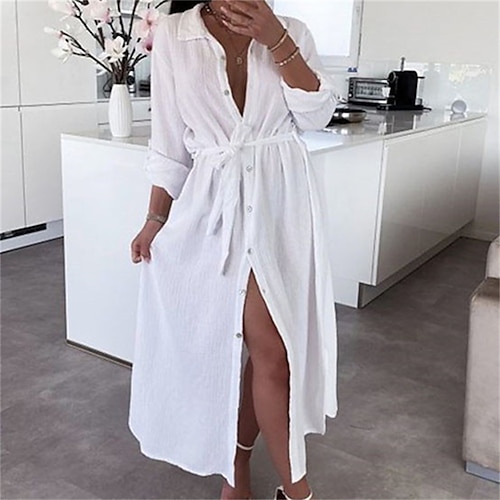 

Women's Casual Dress Shirt Dress Midi Dress Light Blue ArmyGreen Beige White Black Long Sleeve Pure Color Lace up Winter Fall Shirt Collar Stylish Casual Modern Fall Dress 2022 S M L XL 2XL