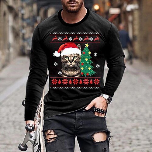 

Men's T shirt Tee Santa Claus Graphic Prints Crew Neck Black 3D Print World Cup Outdoor Christmas Long Sleeve Print Clothing Apparel Basic Sports Designer Casual