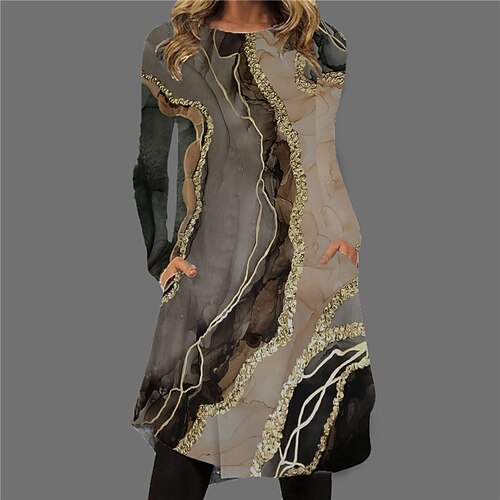 

Women's Casual Dress T Shirt Dress Tee Dress Shift Dress Midi Dress Khaki Long Sleeve Color Gradient Pocket Winter Fall Autumn Crew Neck Winter Dress Fall Dress 2022 S M L XL XXL 3XL