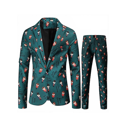 

Dark Green Men's Christmas Suits 2 Piece Patterned Standard Fit Single Breasted One-button 2022