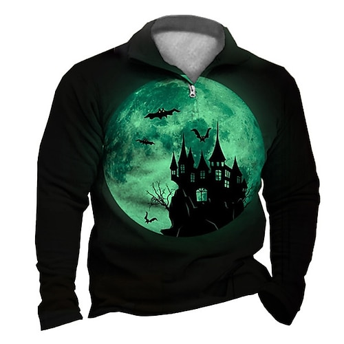 

Men's Zip Up Sweatshirt Pullover Quarter Zipper Sweatshirt Green Blue Light Green Red Light Green Half Zip Moon Graphic Prints Zipper Print Daily Sports 3D Print Designer Casual Big and Tall Spring