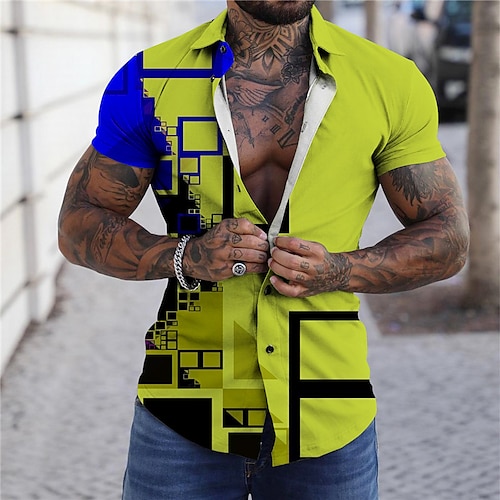 

Men's Shirt Geometry Turndown Green 3D Print Outdoor Street Short Sleeves Button-Down Print Clothing Apparel Fashion Designer Casual Breathable / Summer