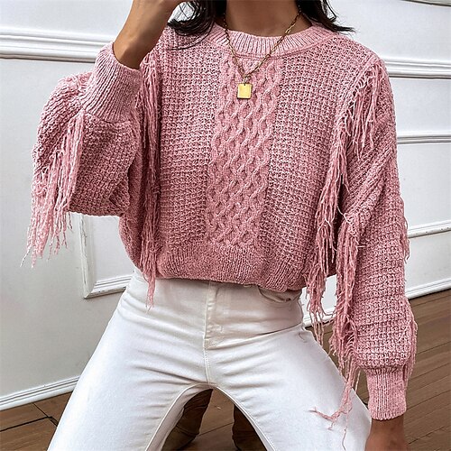 

Women's Pullover Sweater jumper Jumper Cable Knit Tassel Knitted Pure Color Crew Neck Stylish Casual Outdoor Holiday Winter Fall Green Pink S M L / Long Sleeve / Regular Fit / Going out