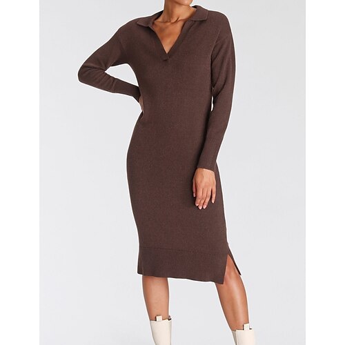 

Women's Shirt Dress Midi Dress Midi Dress Brown Long Sleeve Pure Color Split Fall Winter Shirt Collar Stylish Modern 2022 S M L XL XXL 3XL