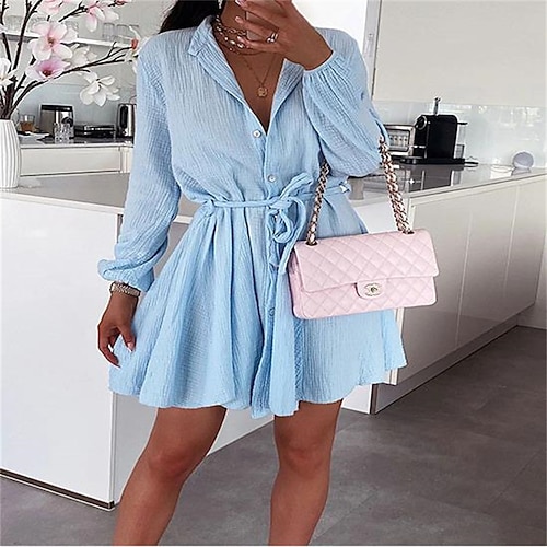 

Women's Casual Dress Shirt Dress ArmyGreen Black Light Blue Long Sleeve Pure Color Ruffle Winter Fall Autumn Shirt Collar Fashion Winter Dress Fall Dress 2022 S M L XL 2XL 3XL