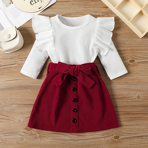 

2 Pieces Kids Girls' T-shirt Skirt Clothing Set Outfit Solid Color Long Sleeve Cotton Set Street Fashion Comfort Winter Fall 2-6 Years Black White