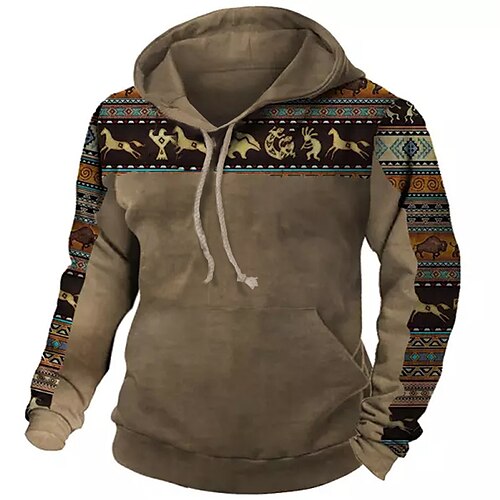 

Men's Pullover Hoodie Sweatshirt Brown Hooded Animal Tribal Graphic Prints Print Daily Sports 3D Print Basic Boho Streetwear Spring & Fall Clothing Apparel Hoodies Sweatshirts Long Sleeve