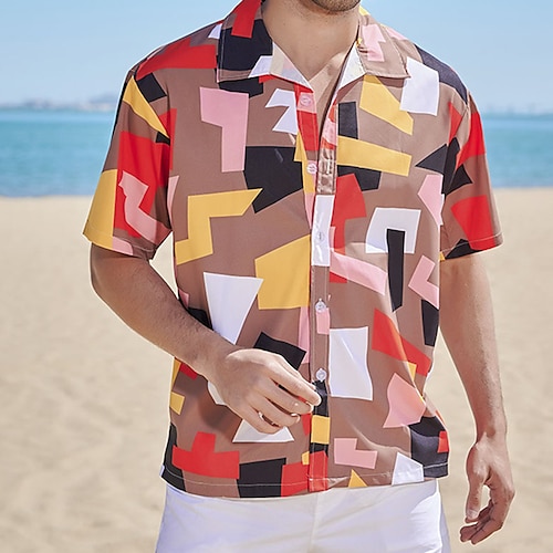 

Homens Camisa Social Camisa havaiana camisa de botão camisa de verão camisa de praia Branco Azul Café Manga Curta Geometria Aberto para a Lateral Rua Casual Botão para baixo Roupa Moda Respirável