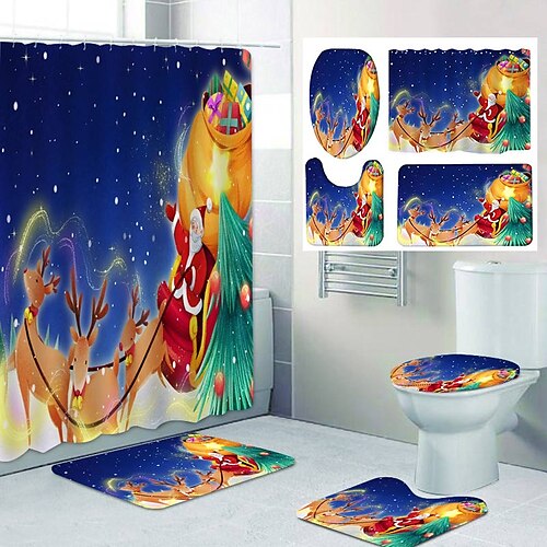 

Christmas Shower Curtain Sets Printing Bathroom Shower Curtain Leisure Toilet Four-Piece Design
