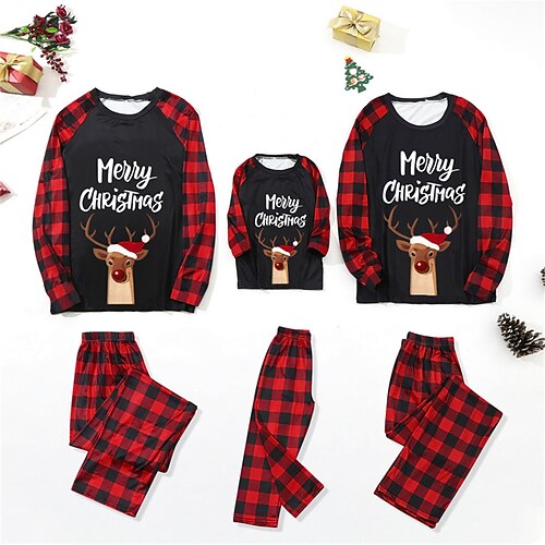 

Family Look Christmas Pajamas Plaid Letter Deer Home Dark Red Long Sleeve Daily Matching Outfits