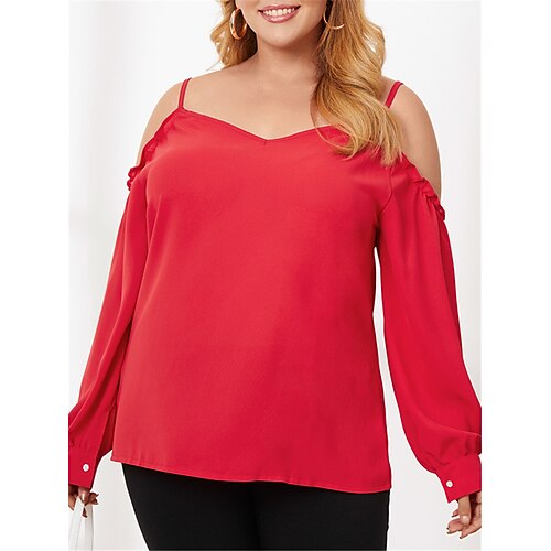 

Women's Plus Size Tops Blouse Solid Color Ruched Long Sleeve V Neck Sexy Daily New Year Polyester Fall Spring Red