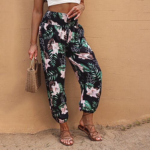 

Women's Straight Black Fashion Casual Ankle-Length Comfy Floral One-Size