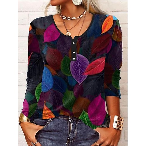 

Women's Henley Shirt Red Leaf Long Sleeve Home Casual Basic U Neck Regular S