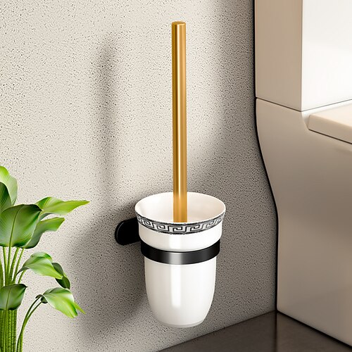 

Toilet Brush Holder In Toilet No Punching Space Aluminum Wall Mounted Wall Light Luxury Black Gold Ceramic Cup Toilet Brush Set