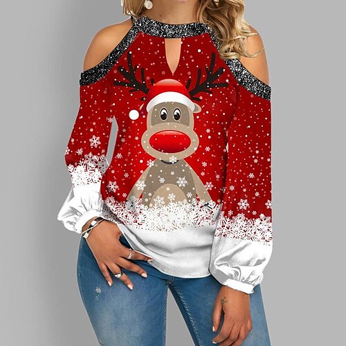 

Women's Shirt Green Blue Purple Deer Snowflake Cut Out Print Long Sleeve Party Christmas Casual Round Neck Regular S