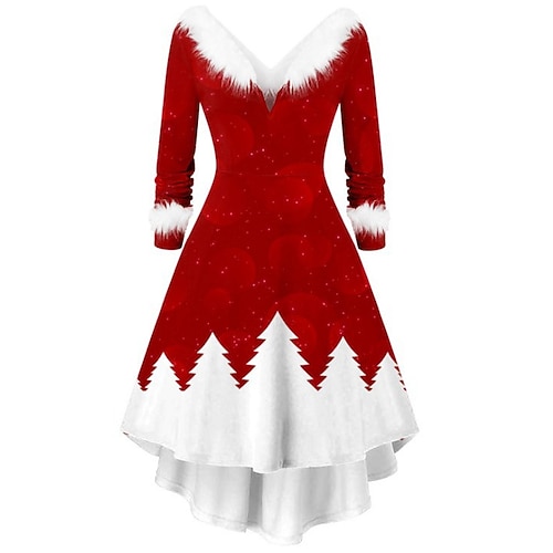 

Women's Christmas Casual Dress Swing Dress Midi Dress Wine Fuchsia Red White Long Sleeve Santa Claus Snowman Tree Feather Print Winter Fall V Neck Vintage Elegant Fall Dress 2022 S M L XL