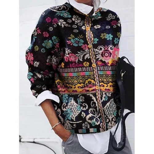 

9263# europe and the united states cross-border amazon wish foreign trade women's fashion brushed flower print cardigan long-sleeved top