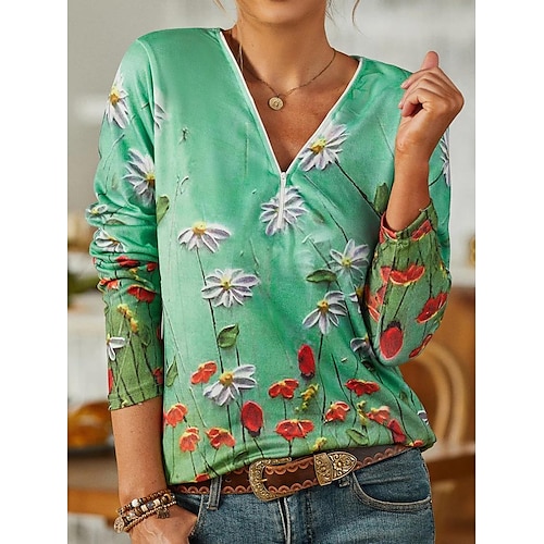 

Women's Shirt Green Floral Quarter Zip Print Long Sleeve Casual Holiday Streetwear V Neck Regular Floral S