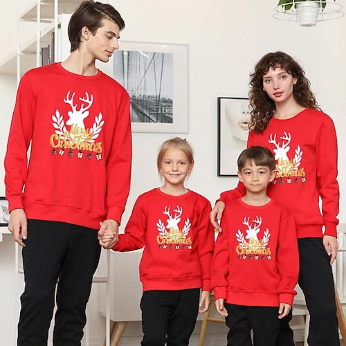 

Family Ugly Christmas Sweatshirt Pullover Letter Elk Casual Black Red Long Sleeve Daily Matching Outfits