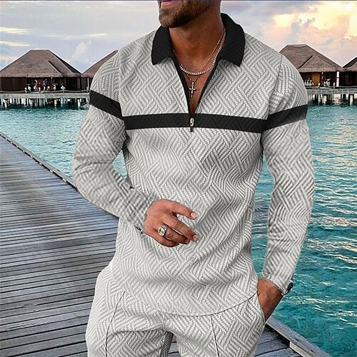 

Men's Collar Polo Shirt Golf Shirt Geometry Turndown Gray 3D Print Street Casual Long Sleeve Zipper Print Clothing Apparel Fashion Designer Casual Breathable