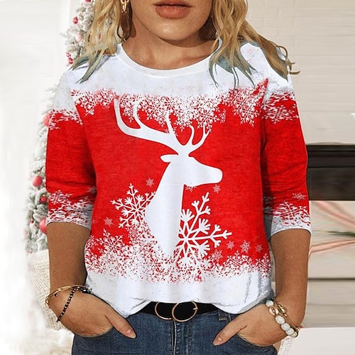 

Women's Plus Size Christmas Tops T shirt Tee Deer Snowman Print Long Sleeve Crew Neck Casual Festival Daily Cotton Spandex Jersey Winter Fall Wine Red
