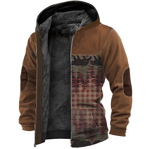 

Men's Fleece Jacket Full Zip Hoodie Fleece Hoodie Sherpa Jacket Brown Hooded Animal Graphic Prints Zipper Print Sports & Outdoor Daily Sports 3D Print Fleece Streetwear Designer Casual Winter