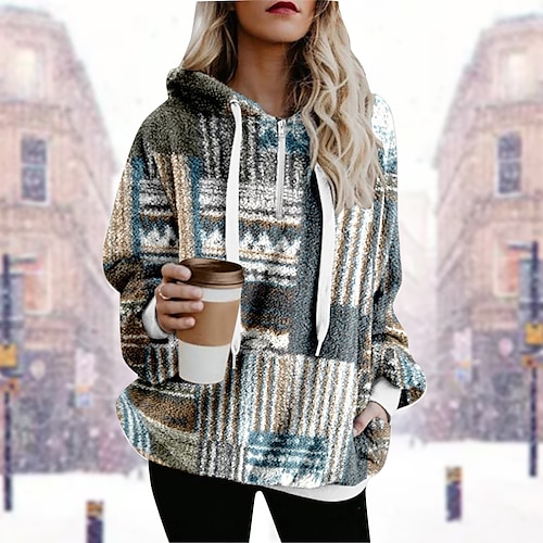 

Women's Hoodie Sweatshirt Pullover Sherpa Fleece Teddy Zipper Green Blue Pink Geometric Tie Dye Street Hoodie Long Sleeve S M L XL 2XL