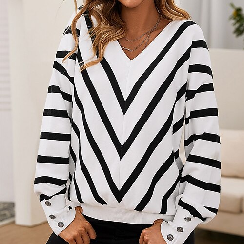 

Women's Pullover Sweater jumper Jumper Crochet Knit Knitted Print Striped V Neck Stylish Casual Outdoor Daily Winter Fall White S M L / Long Sleeve / Holiday / Regular Fit / Going out