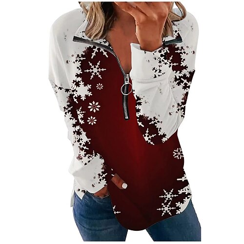 

Women's Sweatshirt Casual Christmas Zipper Fuchsia Graphic Snowflake Christmas V Neck Long Sleeve S M L XL XXL 3XL