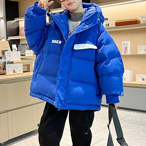 

Kids Boys Down Coat Outerwear Letter Long Sleeve Coat Outdoor Cotton Cool Black Blue Winter Fall 7-13 Years