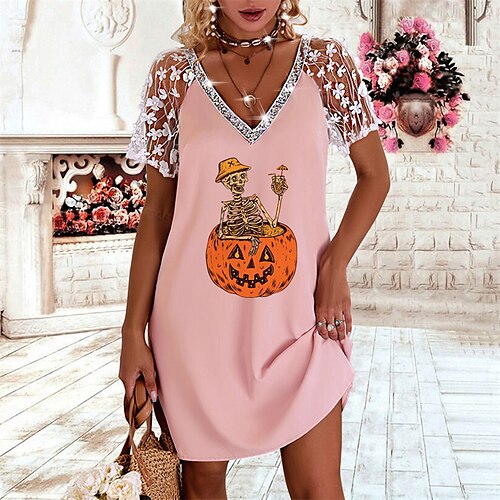 

Women's Casual Dress Shift Dress Mini Dress Pink Grey White Short Sleeve Lace Winter Fall Autumn V Neck Stylish Loose Fit 2022 S M L XL 2XL / Cotton / Halloween / Skull / Print