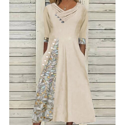 

Women's Casual Dress Swing Dress Midi Dress Beige Half Sleeve Print Ruched Button Print Fall Winter V Neck Stylish Casual 2022 S M L XL XXL 3XL