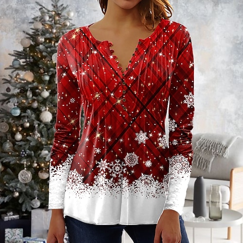 

Damen Hemd Bluse Rote Blau Fuchsie Plaid Schneeflocke Taste Bedruckt 3/4 Ärmel Weihnachten Wochenende Strassenmode Brautkleider schlicht Rundhalsausschnitt Standard S