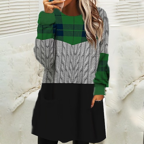 

Women's Sweatshirt Dress Winter Dress Tartan Dress Mini Dress Green Black Blue Wine Long Sleeve Plaid Pocket Print Winter Fall Crew Neck Casual Christmas Loose Fit 2022 S M L XL XXL 3XL